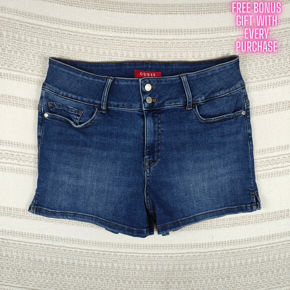 Guess Blue Denim Jean Shorts Double Button High Rise Size 32 NEW - Picture 1 of 8